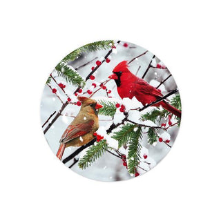 WREATH SIGN | 8"DIA METAL SIGN | CARDINALS ON SNOWY BRANCH | WHITE/RED/BROWN/GREEN | MD0960