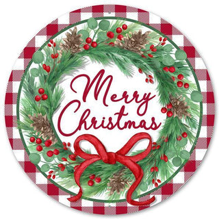WREATH SIGN | 12"DIA METAL MERRY CHRISTMAS W/WREATH | RED/GREEN/WHITE/BROWN | MD0977
