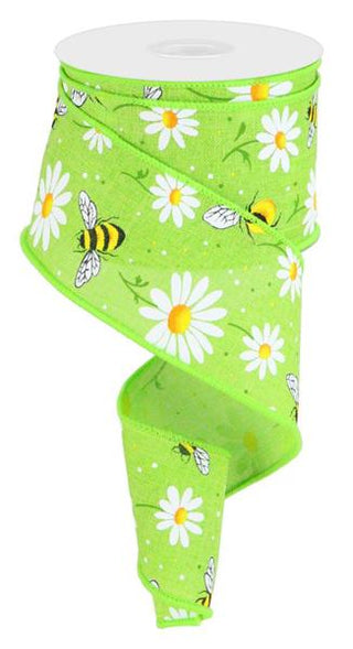 RIBBON | 2.5"X10YD | BUMBLE BEE | DAISY FLOWER | ON ROYAL | LIME/WHT/YLW/GRN/ORG/BLK | RGC184833