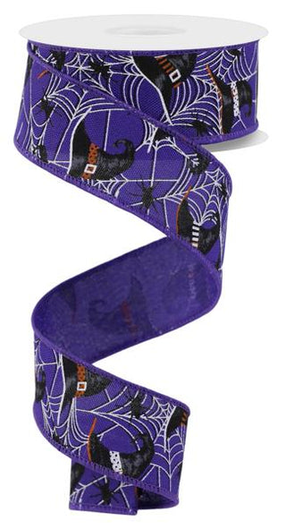 RIBBON | 1.5"X10YD | WITCH HATS AND SPIDERS | PURPLE/GREY/ORANGE | RGE153623