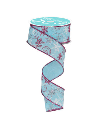 RIBBON | 1.5"X10YD | GLITTER SNOWFLAKES/SWIRLS |  SOFT TURQUOISE/WHITE/PINK/SILVER | RGF1354A2