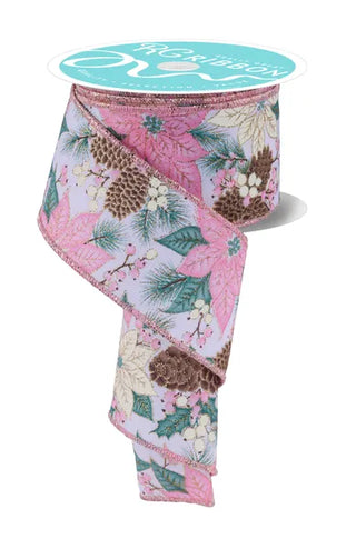 RIBBON |2.5" x 10yd Poinsettia Foliage/Pinecones | White/Brn/Pnk/Sage/Gold | RGF1761WT