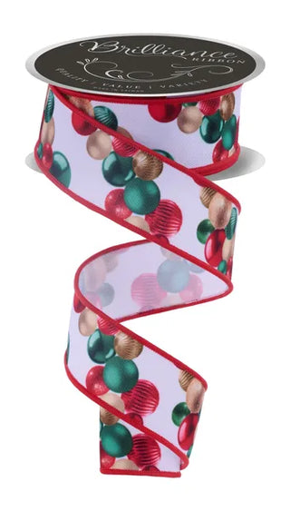 RIBBON | 1.5"X10YD | BALL ORNAMENT GARLAND | WHITE/RED/EMERALD | LS11424N
