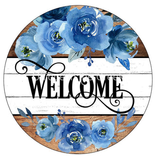 WREATH SIGN | 8" ALUMINUM |  WELCOME | BLUE ROSES | EVERYDAY