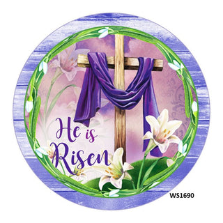 WREATH SIGN | 8" ALUMINUM | HE IS RISEN | CROSS / LILLIES | EASTER | RELIGIOUS