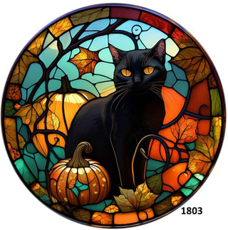 WREATH SIGN UITC | 6" ALUMINUM |  BLACK CAT | STAIN GLASS LOOK | HALLOWEEN