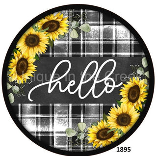 WREATH SIGN | 8" ALUMINUM | HELLO | BLACK/WHITE PLAID | SUNFLOWER | EVERYDAY