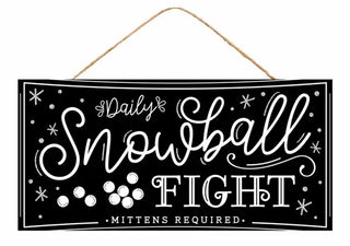 WREATH SIGN | 12.5x6"L MDF | SNOWBALL FIGHT | BLACK/WHITE | AP787002