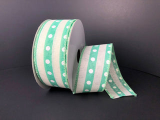 RIBBON | 1.5"x10yds | POLY LINEN | IVORY/TEAL STUDDED STRIPES | 41022-09-06