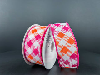 RIBBON | 1.5" X 10 YD | DIAMOND OMBRE CHECK RIBBON: FUCHSIA/ORANGE/WHITE | 42464-09-19