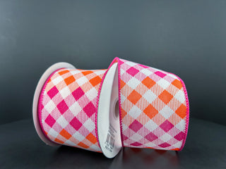 RIBBON| 2.5" X 10 YD | DIAMOND OMBRE CHECK RIBBON: FUCHSIA/ORANGE/WHITE | 42464-40-19