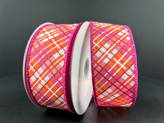 RIBBON | 1.5" X 10 YD | DIAGONAL PLAID | WHITE/ORANGE/PINK | 51401-09-28