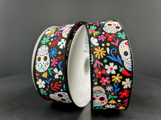 RIBBON | 1.5" X 10 YD | SATIN | BLACK/BLUE/RED/YELL CALAVERAS | 51410-09-25