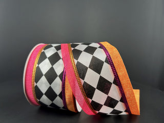 RIBBON | 2.5" X 10 YD | HARLEQUIN METALLIC EDGE | WHITE/BLACK/ORANGE/PINK | 56426-40-19