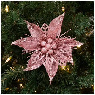 WREATH ACCENT | GLITTER FLOWER CLIP ORNAMENT SET | POINSETTIA | PINK