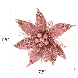 WREATH ACCENT | GLITTER FLOWER CLIP ORNAMENT SET | POINSETTIA | PINK