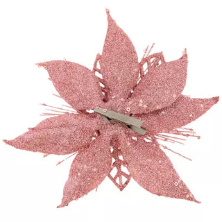 WREATH ACCENT | GLITTER FLOWER CLIP ORNAMENT SET | POINSETTIA | PINK