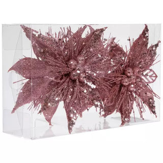 WREATH ACCENT | GLITTER FLOWER CLIP ORNAMENT SET | POINSETTIA | PINK