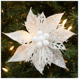 WREATH ACCENT | GLITTER FLOWER CLIP ORNAMENT SET | POINSETTIA | WHITE