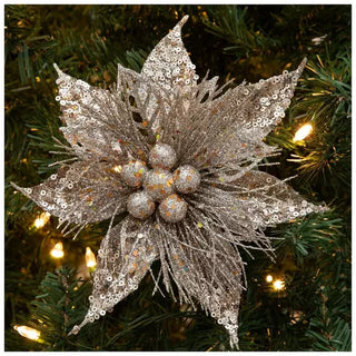 WREATH ACCENT | GLITTER FLOWER CLIP ORNAMENT SET | POINSETTIA | CHAMPAGNE GOLD