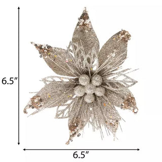 WREATH ACCENT | GLITTER FLOWER CLIP ORNAMENT SET | POINSETTIA | CHAMPAGNE GOLD