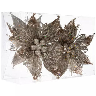 WREATH ACCENT | GLITTER FLOWER CLIP ORNAMENT SET | POINSETTIA | CHAMPAGNE GOLD