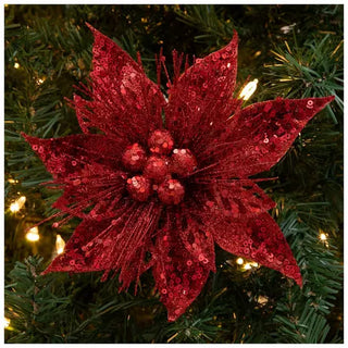 WREATH ACCENT | GLITTER FLOWER CLIP ORNAMENT SET | POINSETTIA | RED