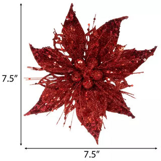 WREATH ACCENT | GLITTER FLOWER CLIP ORNAMENT SET | POINSETTIA | RED