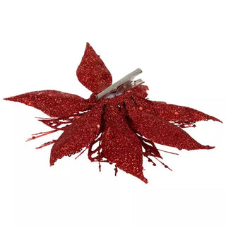WREATH ACCENT | GLITTER FLOWER CLIP ORNAMENT SET | POINSETTIA | RED