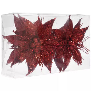 WREATH ACCENT | GLITTER FLOWER CLIP ORNAMENT SET | POINSETTIA | RED