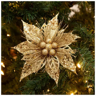 WREATH ACCENT | GLITTER FLOWER CLIP ORNAMENT SET | POINSETTIA | BRIGHT GOLD