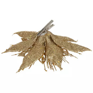 WREATH ACCENT | GLITTER FLOWER CLIP ORNAMENT SET | POINSETTIA | BRIGHT GOLD