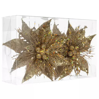 WREATH ACCENT | GLITTER FLOWER CLIP ORNAMENT SET | POINSETTIA | BRIGHT GOLD