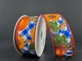 RIBBON | 1.5" X 10 YD | PLAID SUNFLOWERS/PUMPKINS | BLUE/ORANGE/GREEN | 61412-09-25