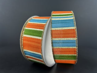 RIBBON | 1.5" X 10 YD | PAINTED STRIPE | RUST/BLUE/MOSS/GOLD | 61427-09-05