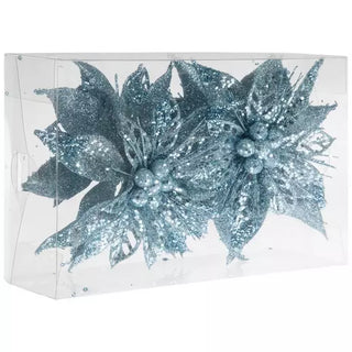 WREATH ACCENT | GLITTER FLOWER CLIP ORNAMENT SET | POINSETTIA | LIGHT BLUE