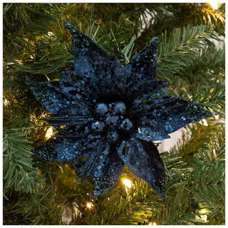 WREATH ACCENT | GLITTER FLOWER CLIP ORNAMENT SET | POINSETTIA | NAVY BLUE