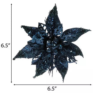 WREATH ACCENT | GLITTER FLOWER CLIP ORNAMENT SET | POINSETTIA | NAVY BLUE