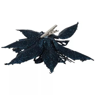 WREATH ACCENT | GLITTER FLOWER CLIP ORNAMENT SET | POINSETTIA | NAVY BLUE