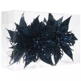 WREATH ACCENT | GLITTER FLOWER CLIP ORNAMENT SET | POINSETTIA | NAVY BLUE