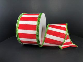 RIBBON | 2.5" X 10 YD |  HORIZONTAL STRIPE | GREEN TINSEL EDGE RED/WHITE STRIPE | 71116-40-29