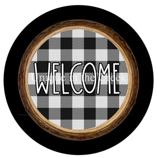 WREATH SIGN | 8" ALUMINUM | WELCOME| BLACK & WHITE BUFFALO PLAID | CHRISTMAS | WINTER