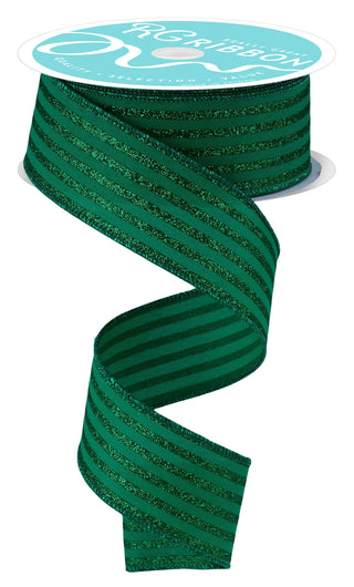 RIBBON | 1.5"X10YD GLITTER VERTICAL STRIPE | EMERALD GREEN | RGF197006