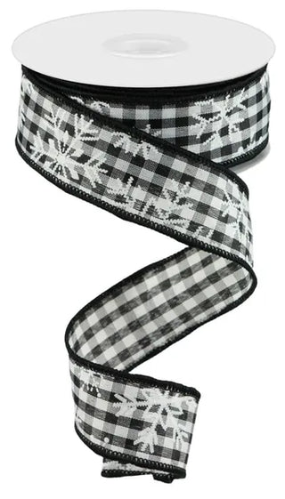 RIBBON | 1.5" x 10yd Snowflakes On Gingham Check | BLACK/WHITE | RGC1409
