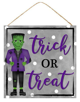 WREATH SIGN | 10"SQ TRICK OR TREAT W/FRANKENSTEIN SIGN | GRY/PRPL/BLK/GRN/WHT | HALLOWEEN | AP7005