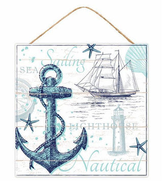 WREATH SIGN | 10"SQ NAUTICAL COLLAGE SIGN | WHITE/BLUE | AP7324