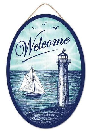 WREATH SIGN | 13"HX9"L | WOOD |  WELCOME W/LIGHTHOUSE OVAL SIGN | NAVY/TURQUOISE/WHITE | ap7325