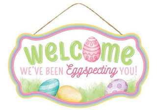 WREATH SIGN | 12.5"L X 7.5"H WELCOME/EGGSPECTING SIGN | WHITE/GREEN/PINK/TEAL | AP7328