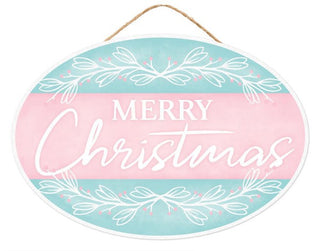 WREATH SIGN | 13"HX9"L | WOOD |  MERRY CHRISTMAS OVAL SIGN | PINK/ICE BLUE/WHITE| AP786963