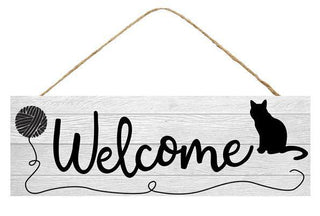 WREATH SIGN | 15"L X 5"H | WELCOME CAT WITH YARN | PETS | WOOD | AP802010